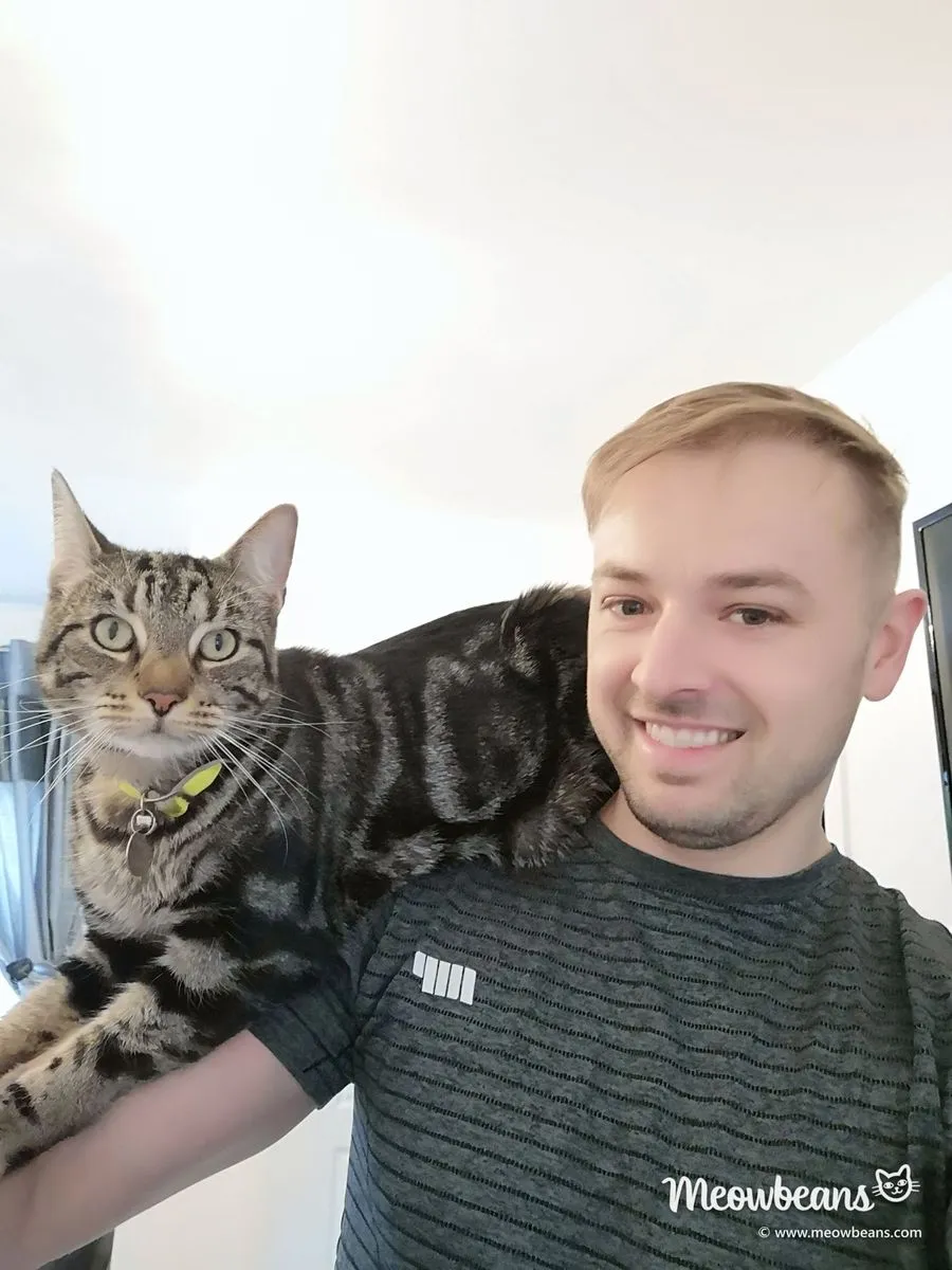 John with Marshall, his short-haired brown tabby, sitting on his shoulder