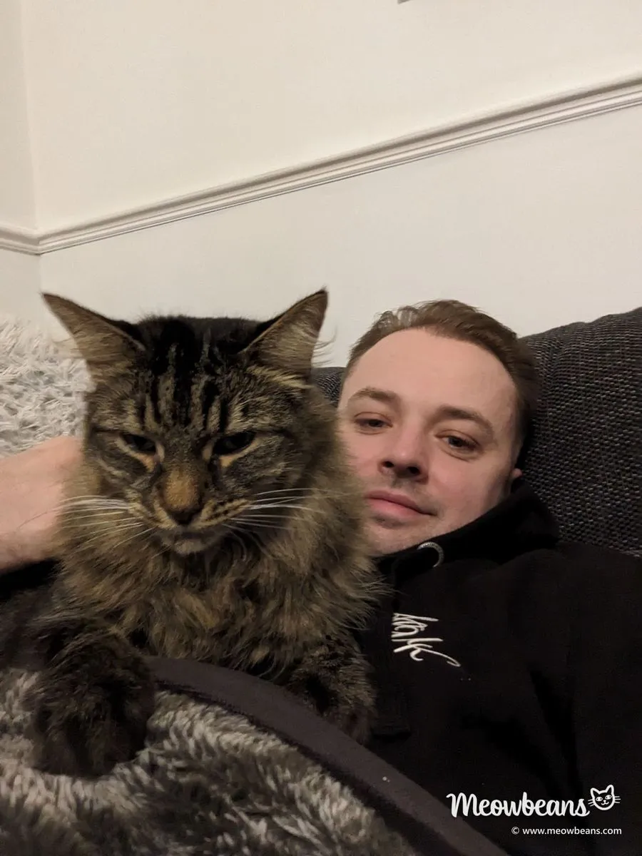 John on the sofa with Max, his long-haired brown tabby